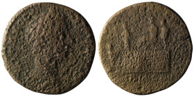 Commodus (AD 177-192). Rome
AE Sestertius (30mm, 20,27g)
Obv: Laureate head right
Rev: Commodus seated left on curule chair set on daïs; attendant sta...