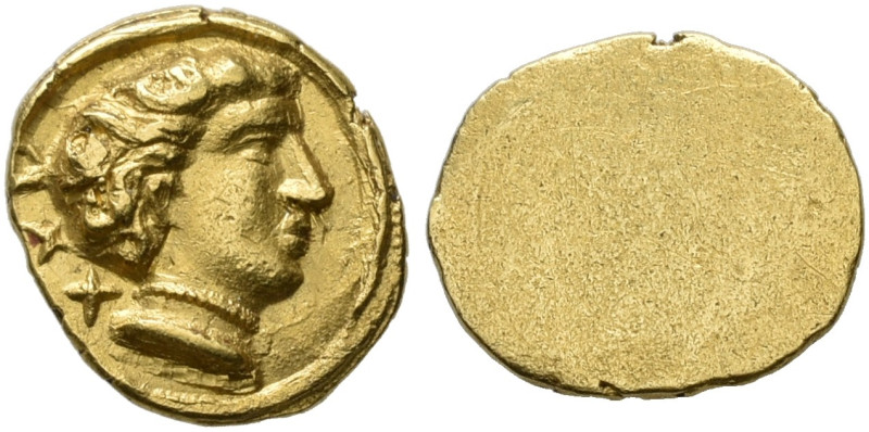 ETRURIA. POPULONIA. 25-Asses, gold, about 300-250. AV 1.40 g. Youthful head r., ...