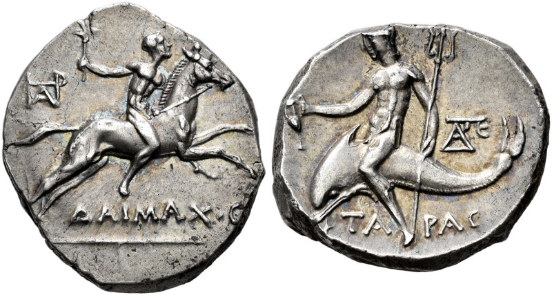 CALABRIA. TARENTUM. Nomos, about 270-250. AR 6.39 g. Youth, nude, galloping r., ...