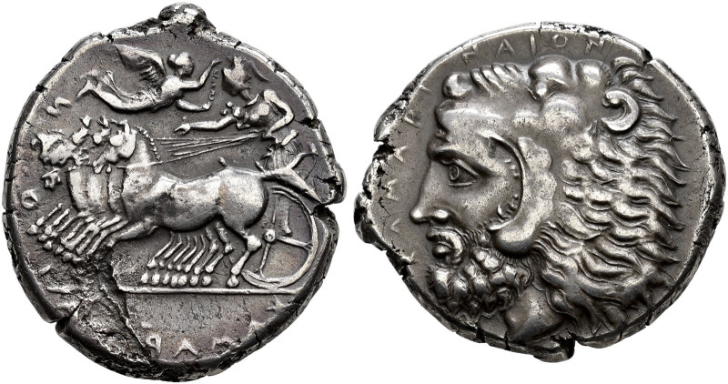SICILIA. KAMARINA. Tetradrachm, about 425-405. AR 16.09 g. KAMAPINA - I - O - [r...
