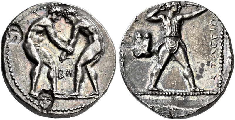 PISIDIA. SELGE. Stater, about 360-330. AR 10.63 g. Two nude wrestlers, grasping ...