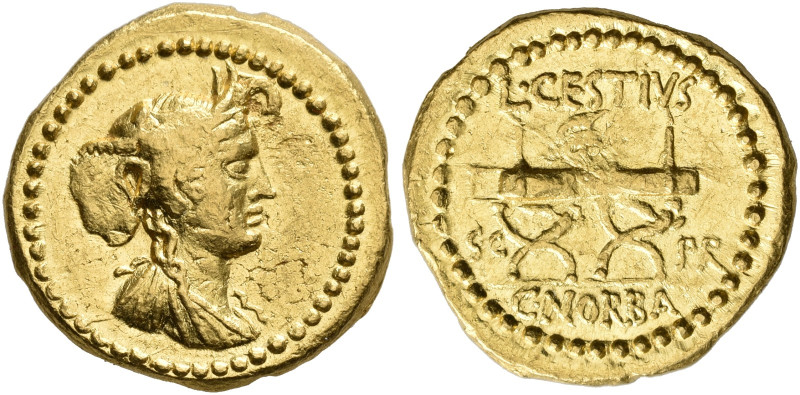 IMPERATORIAL COINAGE. L.CESTIUS AND C. NORBANUS. Aureus, 43. AV 7.99 g. Draped b...