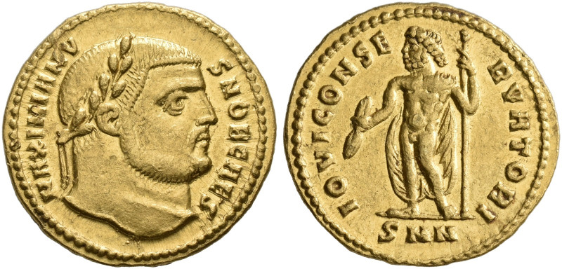 COINS OF THE ROMAN EMPIRE. GALERIUS MAXIMIANUS, Caesar AD 293-305. Aureus, Nicom...