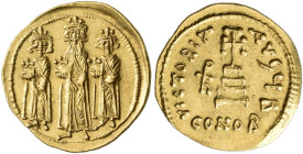 BYZANTINE EMPIRE. HERACLIUS, 610-641. Solidus with sons Heraclius Constantine and Heraclonas, Constan­tinople, about 639-641. AV 4.47 g. The three emp...