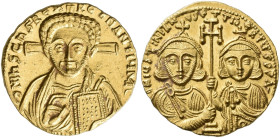 BYZANTINE EMPIRE. JUSTINIAN II, second reign, AD 705-711. Solidus, with Tiberius, Constantinople. 705. AV 4.43 g. dN IhS ChS REX - REGNANTIYM Facing b...