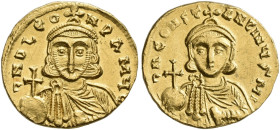 BYZANTINE EMPIRE. LEO III, AD 717-741. Solidus with his son Constantine V, Constantinople, about 725-732. AV 4.44 g. dN LEO - N PAMYL Bust facing, wea...