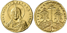 BYZANTINE EMPIRE. CONSTANTINE VII, AD 913-959. Solidus, with Romanus II, Constantinople, about 945-959. AV 4.41 g. +IhS XPS REX REgNANTIYm Nimbate, fa...