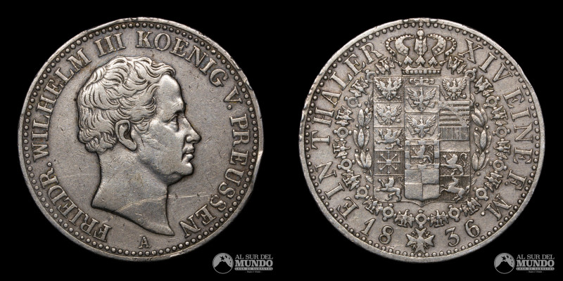 Alemania (Estados Alemanes), Reino de Prusia, ceca de Berlin. 1 Talero. 1836. Re...