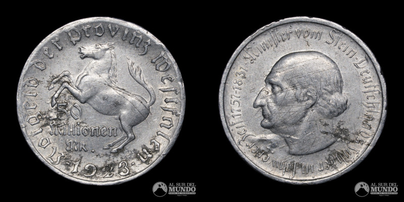 Alemania. Westfalia. 50.000.000 Mark 1923. Aluminio. 40 mm. 5,46 g. (VF)

Esti...