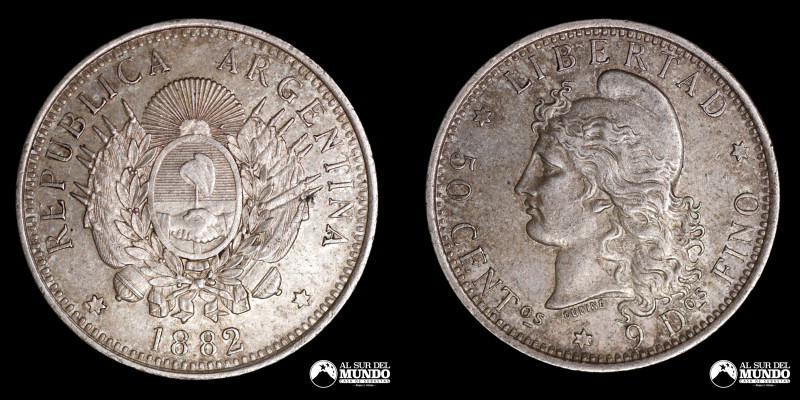 Argentina, ceca de Buenos Aires. 50 Centavos (½ Patacon). 1882. Plata 900; 12,53...