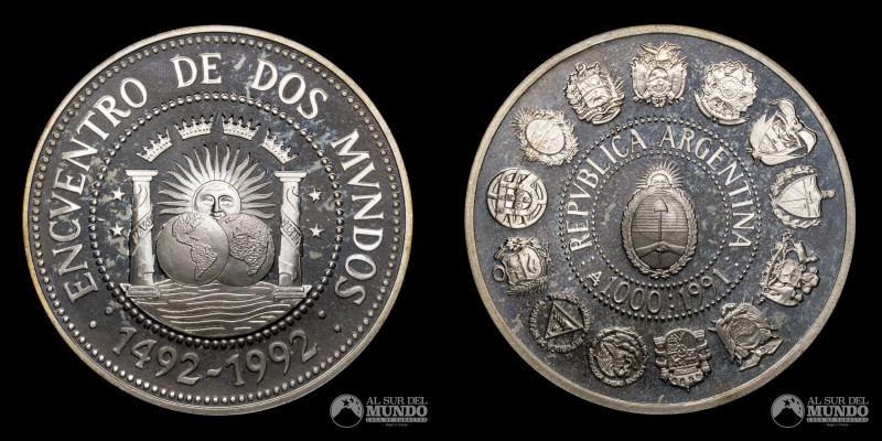 Argentina. Serie Encuentro de Dos Mundos. 1000 Australes 1991. Plata 925, 40 mm....