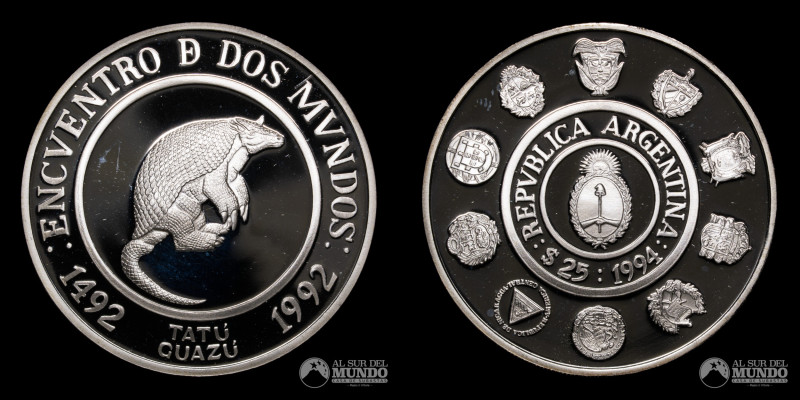Argentina. Serie Iberoamericana Fauna Amenazada. 25 Pesos 1994. Tatu Guazu. Plat...