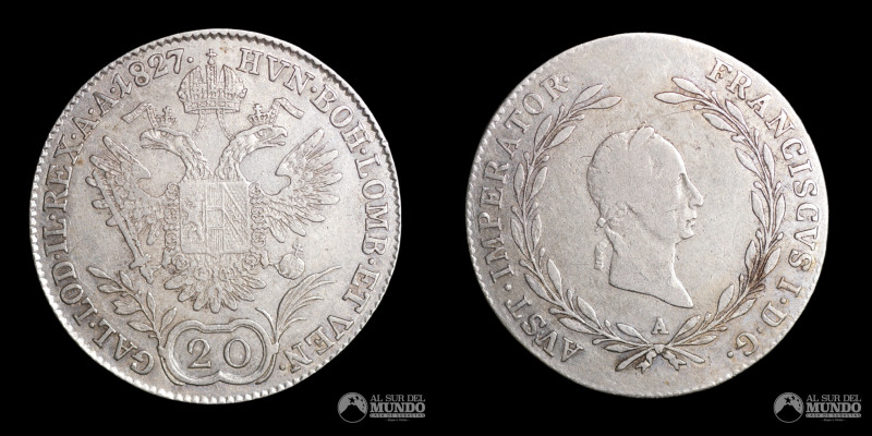 Austria (Imperio Austriaco), ceca de Viena. 20 Kreuzers 1827. Reinado de Francis...