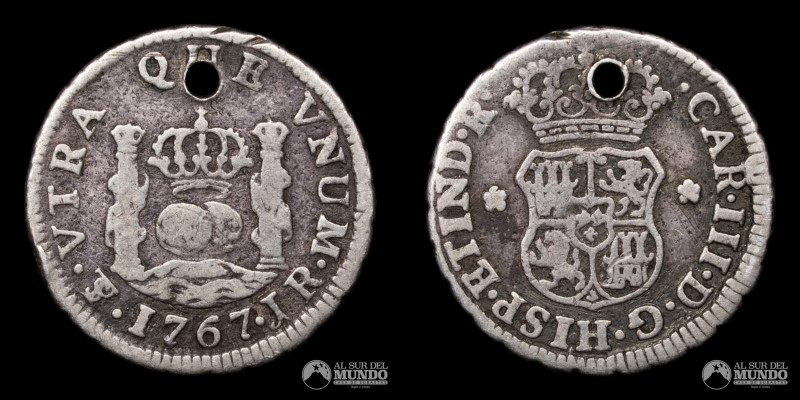 Bolivia, ceca de Potosi. ½ Real "Columnario". 1767. Ensayadores: JR (Jose de Var...