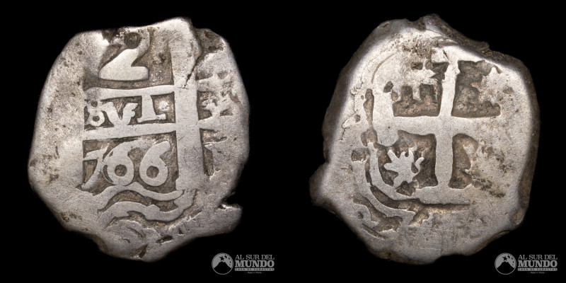 Bolivia, Potosi. Macuquina de 2 Reales. 1766. Ensayadores: VY (Jose de Vargas y ...