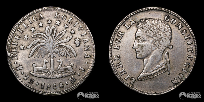 Bolivia, ceca de Potosi. 2 Soles. 1854. Ensayadores: MJ (Manuel Berrios y Joaqui...