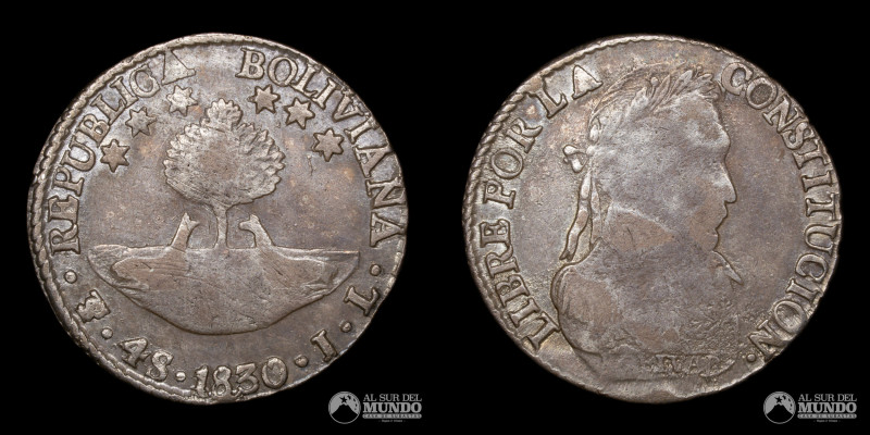 Bolivia, ceca de Potosi. 4 Soles. 1830. Ensayadores: JL (Juan Palomo, Luis Lopez...