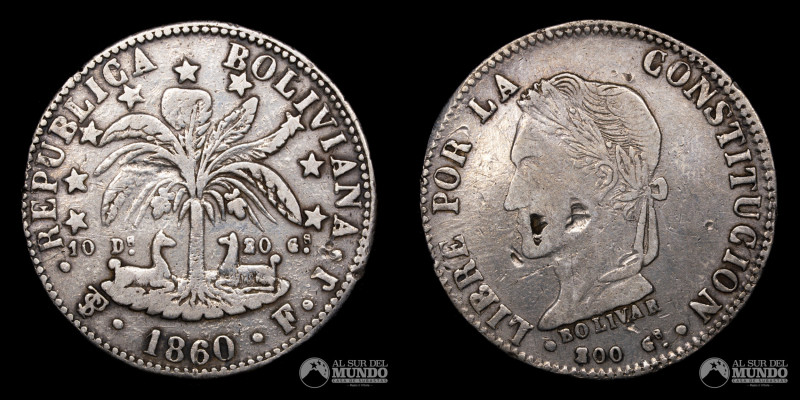 Bolivia. 4 Soles 1860 FJ. Plata 903; 32mm; 10.98g. KM139 (VF+)

Estimate: USD ...