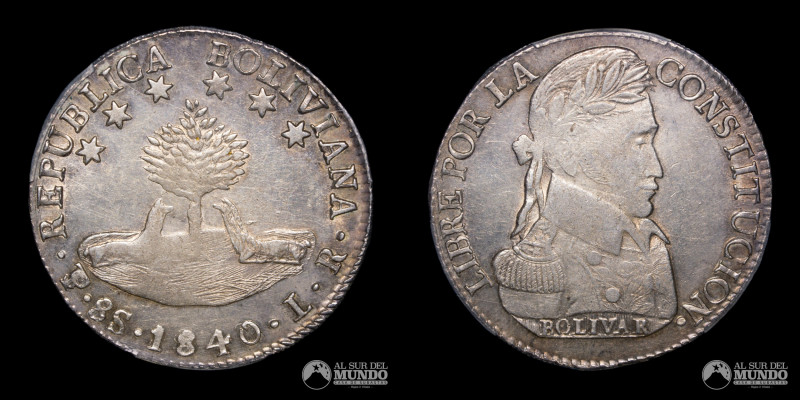 Bolivia. Potosi. 8 Soles 1840 LR. Plata 903. 38 mm. 27,06 g. KM 97. PCGS CLEANED...