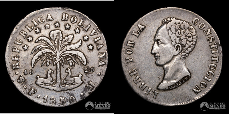 Bolivia, ceca de Potosi. 8 Soles. 1851. Ensayadores: FM. Anverso: Busto de Simon...