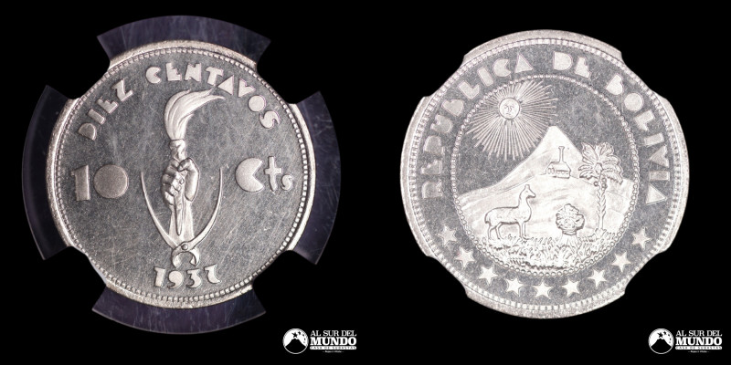 Bolivia, ceca de Viena (Austria). 10 Centavos. 1937. Anverso: Armas de Bolivia a...