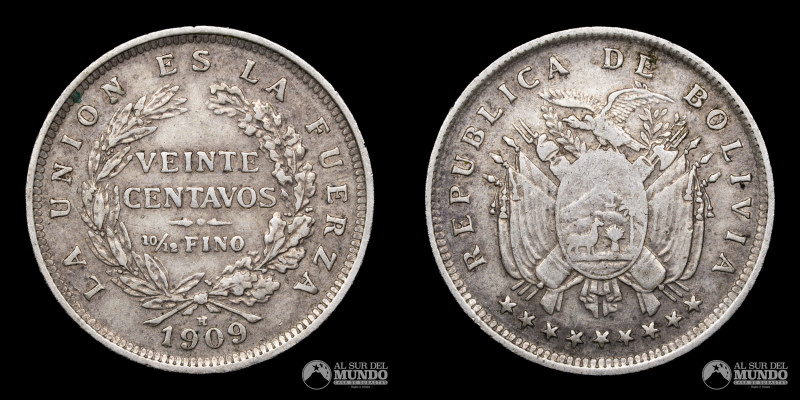 Bolivia. Heaton. 20 Centavos 1909. Plata 835. 22,5 mm. 3,96 g. KM 176 (XF)

Es...