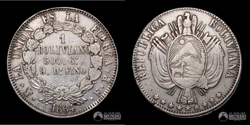 Bolivia, Potosi. 1 Boliviano 1864 FP. Plata 900, 36.0mm; 24.26g. KM152.2 (VF+) ...