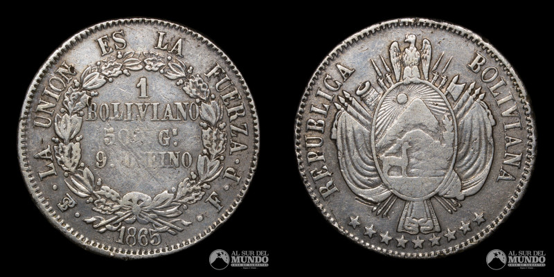 Bolivia, ceca de Potosi. 1 Boliviano. 1865. Ensayadores: FP. Anverso: Escudo de ...