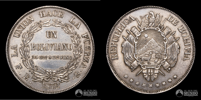 Bolivia. 1 Boliviano 1872 FE. Plata 900; 37mm; 25.31g. KM155.4

Estimate: USD ...