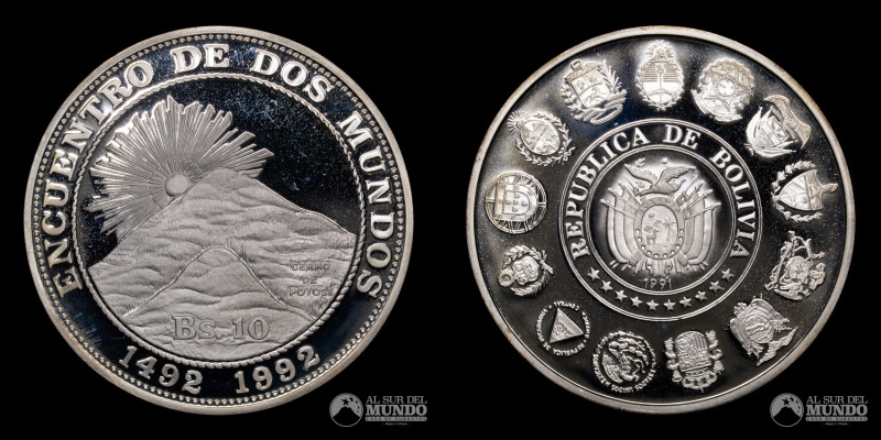 Bolivia. Serie Encuentro de Dos Mundos. 10 Bolivianos 1991. Plata 925. 40 mm. 27...