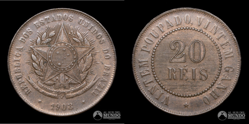 Brasil. 20 Reis 1908. 25mm; 7g; Bronce; KM490 (XF)

Estimate: USD 30 - 60

N...