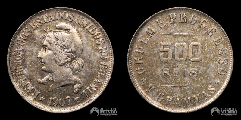 Brasil. 500 Reis 1907. (1906-1912). Plata 900; 22mm; 4.97g; (UNC)

Estimate: U...