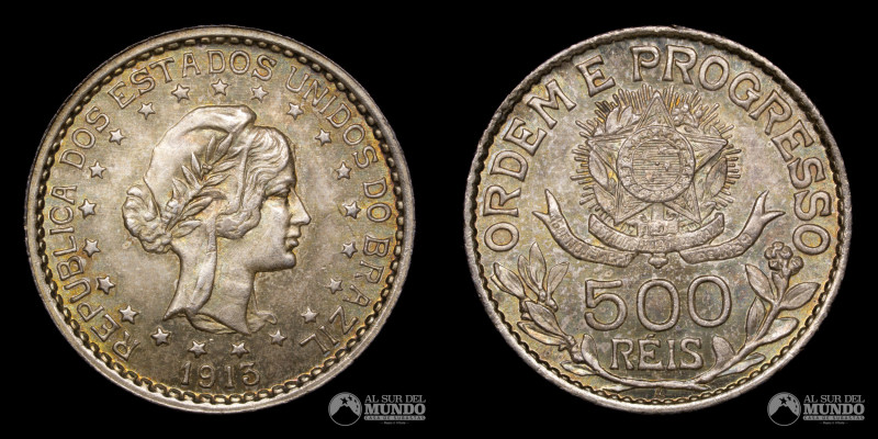 Brasil. 500 Reis 1913. Variante Estrellas Separadas. Plata 900; 22mm; 4.98g; KM5...