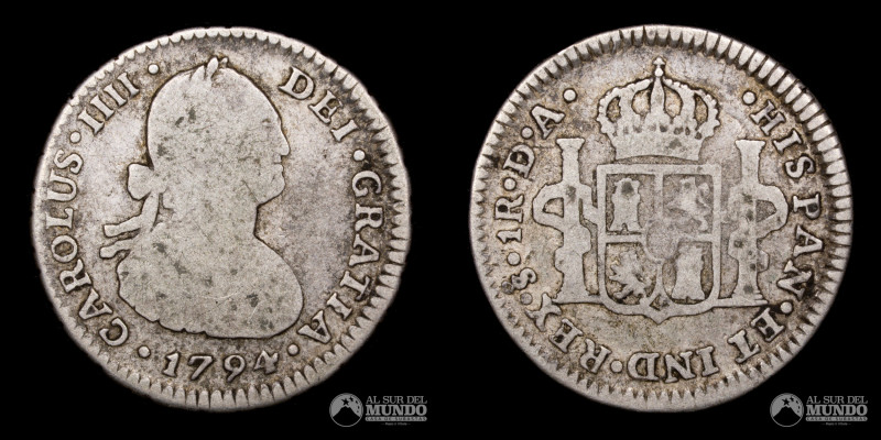 Santiago. Chile. 1 Real 1794 DA. Reinado de Carlos IV (1788-1808). Anverso: Bust...