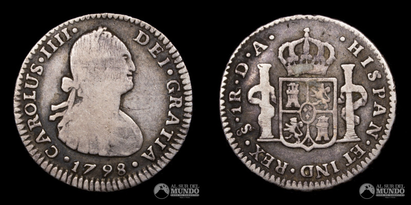 Santiago. Chile. 1 Real 1798 DA. Reinado de Carlos IV (1788-1808). Anverso: Bust...