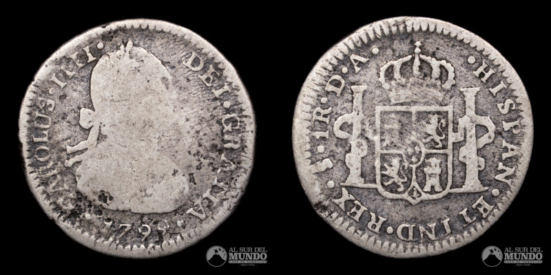 Santiago. Chile. 1 Real 1799 DA. Reinado de Carlos IV (1788-1808). Anverso: Bust...