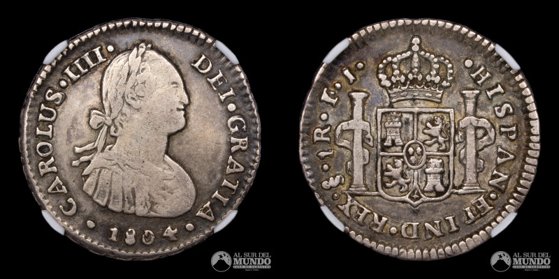 Chile. Santiago. Carlos IV. 1 Real 1804 FJ. Plata 896. 21 mm. 3,38 g. KM 58. NGC...