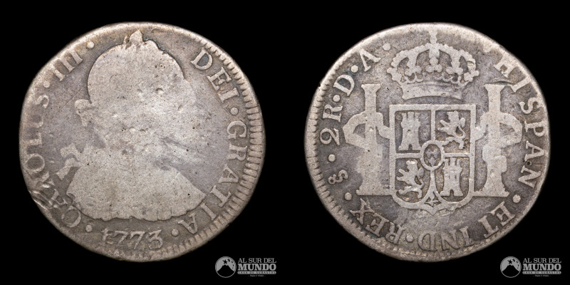 Chile, ceca de Santiago. 2 Reales. 1773. Ensayadores: DA (Domingo de Eizaguirre,...