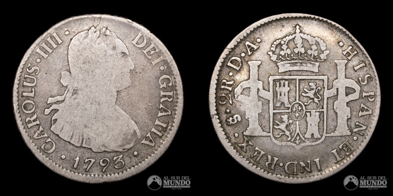 Chile, ceca de Santiago. 2 Reales 1793. Ensayadores: DA (Domingo de Eizaguirre y...