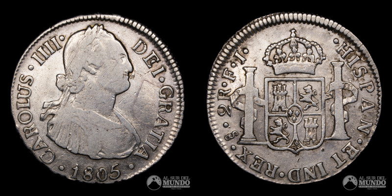 Chile, ceca de Santiago. 2 Reales 1805. Ensayadores: FJ (Francisco Rodriguez Bro...