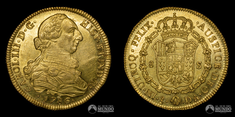 Chile. Santiago. Carlos III. 8 Escudos 1786. Oro 901. 37 mm. 27,08 g. KM 27. (UN...