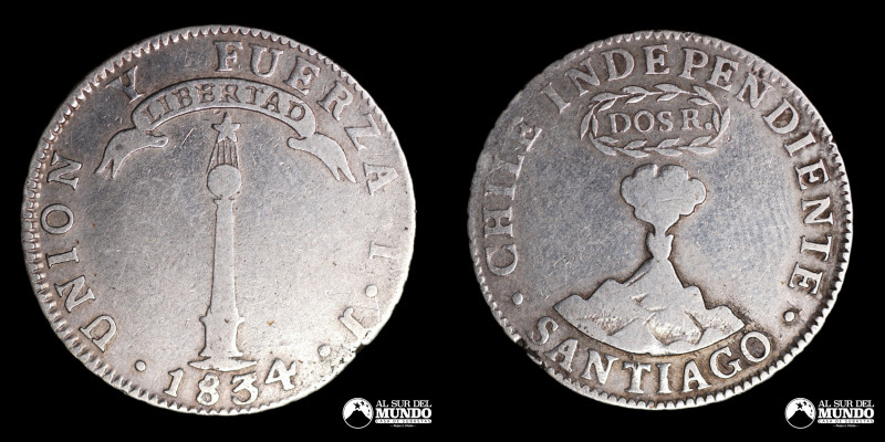 Chile, Santiago. 2 Reales 1834 IJ. Plata 902; 28mm; 6.47g; KM92 (VF-)

Estimat...
