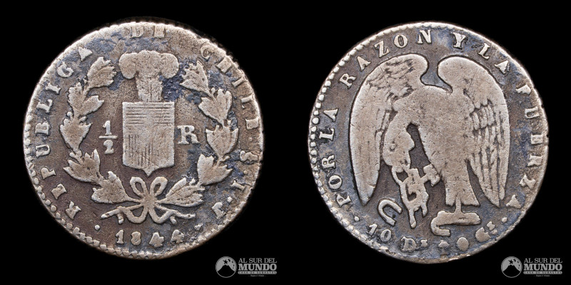 Chile, Santiago. 1/2 Real 1844 IJ. De la serie "Rompecadenas". Plata 900; 1.34g;...