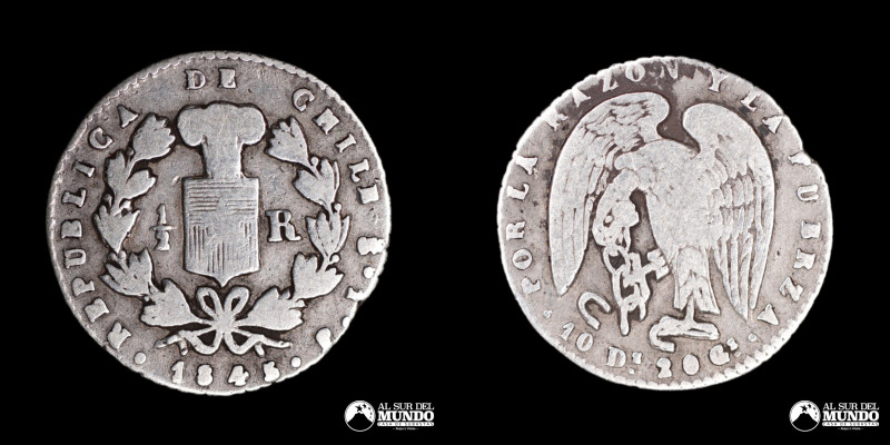 Chile. ½ Real 1845 IJ. De la serie conocido como "Rompecadenas". Plata 902; 15.7...