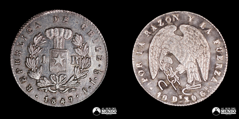 Chile. 1 Real 1847 IJ. De la serie conocido como "Rompecadenas". Plata 902; 19mm...