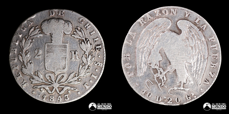 Chile. 2 Reales 1843 IJ. Conocido como "Rompecadenas"; Plata 902; 23.5mm; 5.86g;...