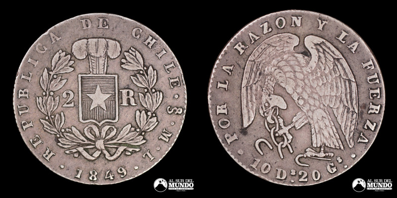 Chile. 2 Reales 1849 ML. Conocido como "Rompecadenas"; Plata 902; 23.5mm; 5.99g;...