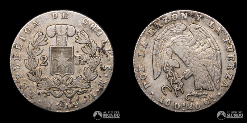 Chile, Santiago. 2 Reales 1849 ML. De la serie "Rompecadenas". Plata 900; 23.5mm...