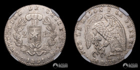 Chile, Santiago. 2 Reales "Rompecadenas". 1851. LA. NGC AU DETAILS.
