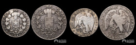 Chile, Santiago. Pareja de monedas de plata "Rompecadenas": 1 Real 1843, 2 Reales 1844.